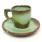 1950s Frankoma Pottery Demitasse Espresso Mug 5DC 3 oz +Saucer 5DE Prairie Green