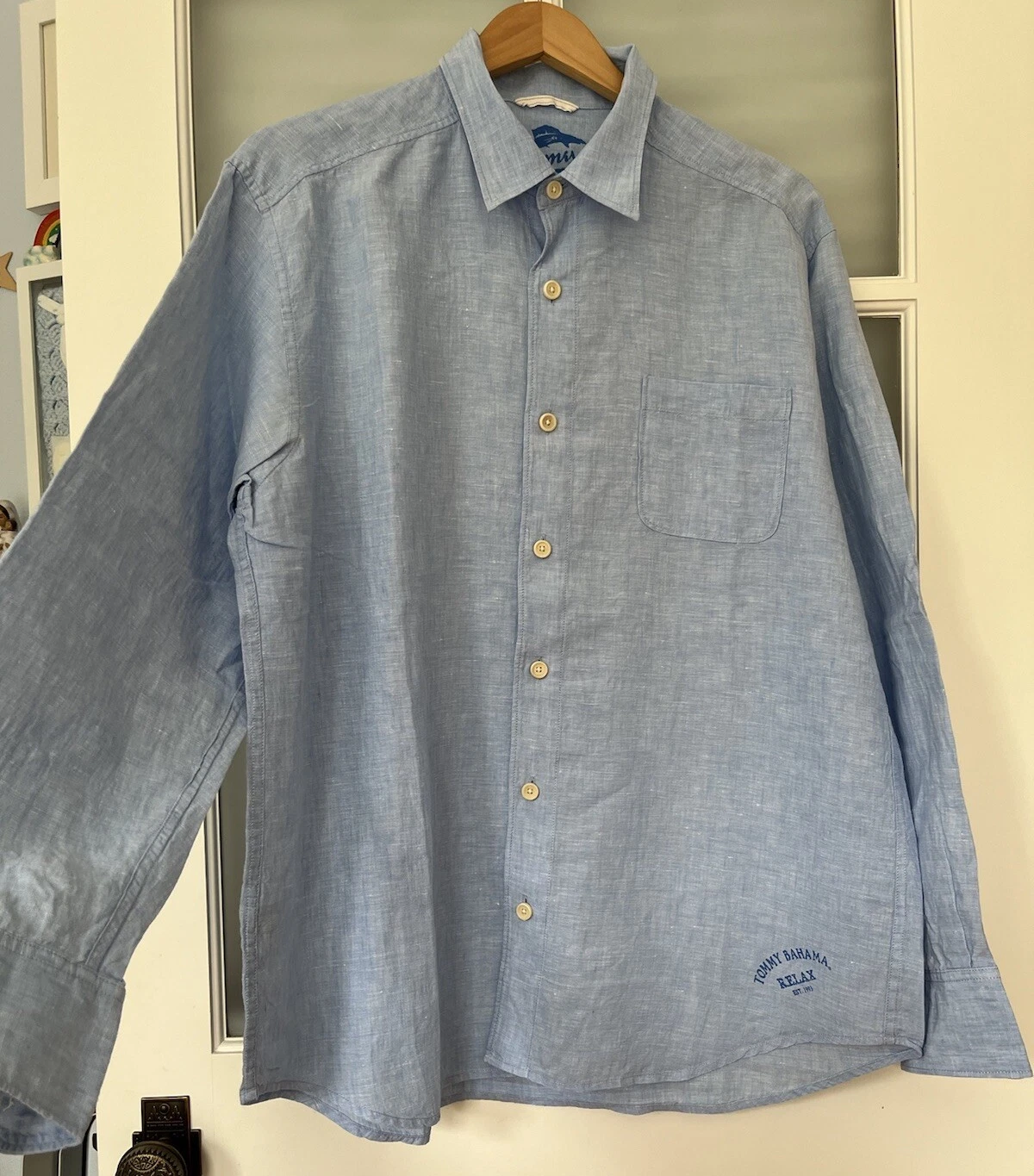 Men's Tommy Bahama Short Sleeved 100% Linen Blue Button Up Shirt Large