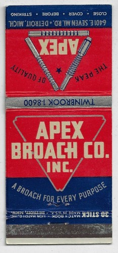Vintage Matchbook Cover FS 30S Matchcover Apex Broach Co Inc Detroit Mich. . - Picture 2 of 3
