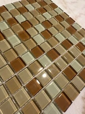 Light Beige Mix Glossy Glass Mosaic 1"x1" Stacked Mesh Mounted