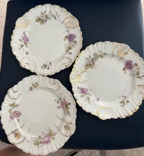 KPM Porcelain Dessert Plates Made in Germany Set of 3 Purple Flowers w/ Gold