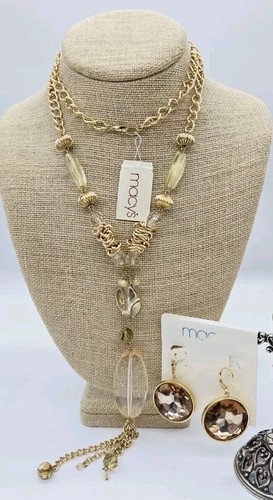 Y Drop Necklace Earrings SET Dangle Gold tone Peach Bangle Bracelet Summer - Picture 7 of 11