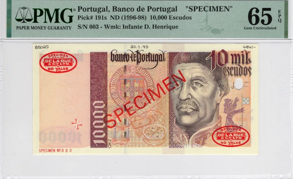 Portugal "ESPECIMEN 003" 10.000 Escudos ND (1996-98) P-191S GEMA 65 EPQ PMG Foto 3 de 4