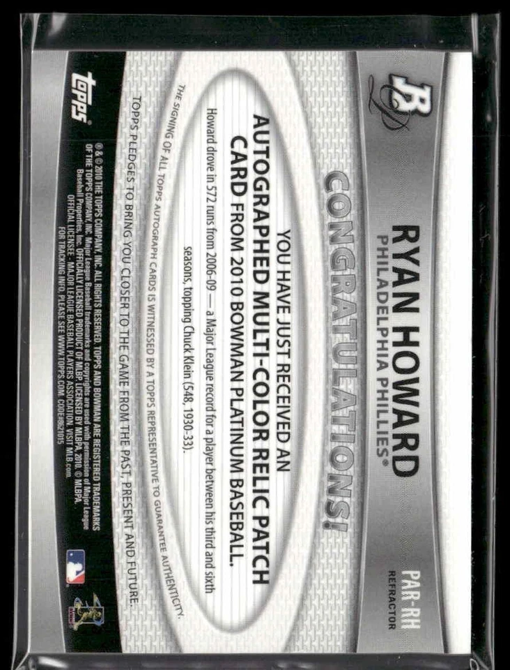 2010 Bowman Platinum #PAR-RH Ryan Howard Relic Autographs Green Refractors #/199 - Image 2 of 2