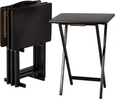 Foldable TV Dinner Tray Table with Storage Rack, Set of 4, Black,15" x 19" x 26"