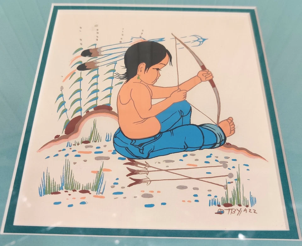 Impresión artística navajo de colección niño nativo trabajando con su arco y flechas Beatien Yazz raro Foto 2 de 4