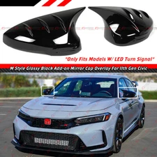 For 22-26 Honda Civic MU Horn Style Gloss Black Side Mirror Cover Caps W/ Light