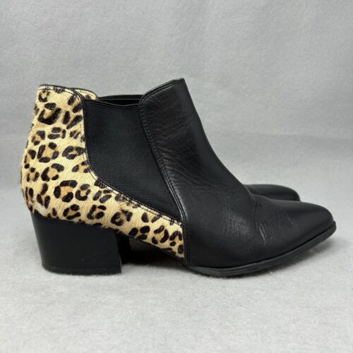 VIA SPIGA Black Leather Leopard Cheetah Calf Hair Chelsea Ankle Boots Womens 7 M - Picture 4 of 15