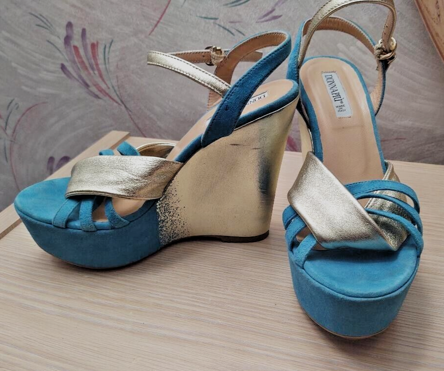 Donna Piu Silver Glitter Turquoise Suede High Platform Wedge