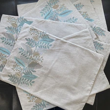 Crate and Barrel CLARA Linen Placemats Floral Natural Blue Embroidered Set of 8