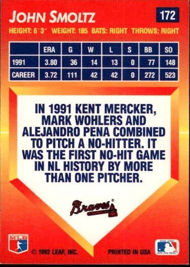 1992 Triple Play #172 John Smoltz HOF Braves - Image 2 of 2