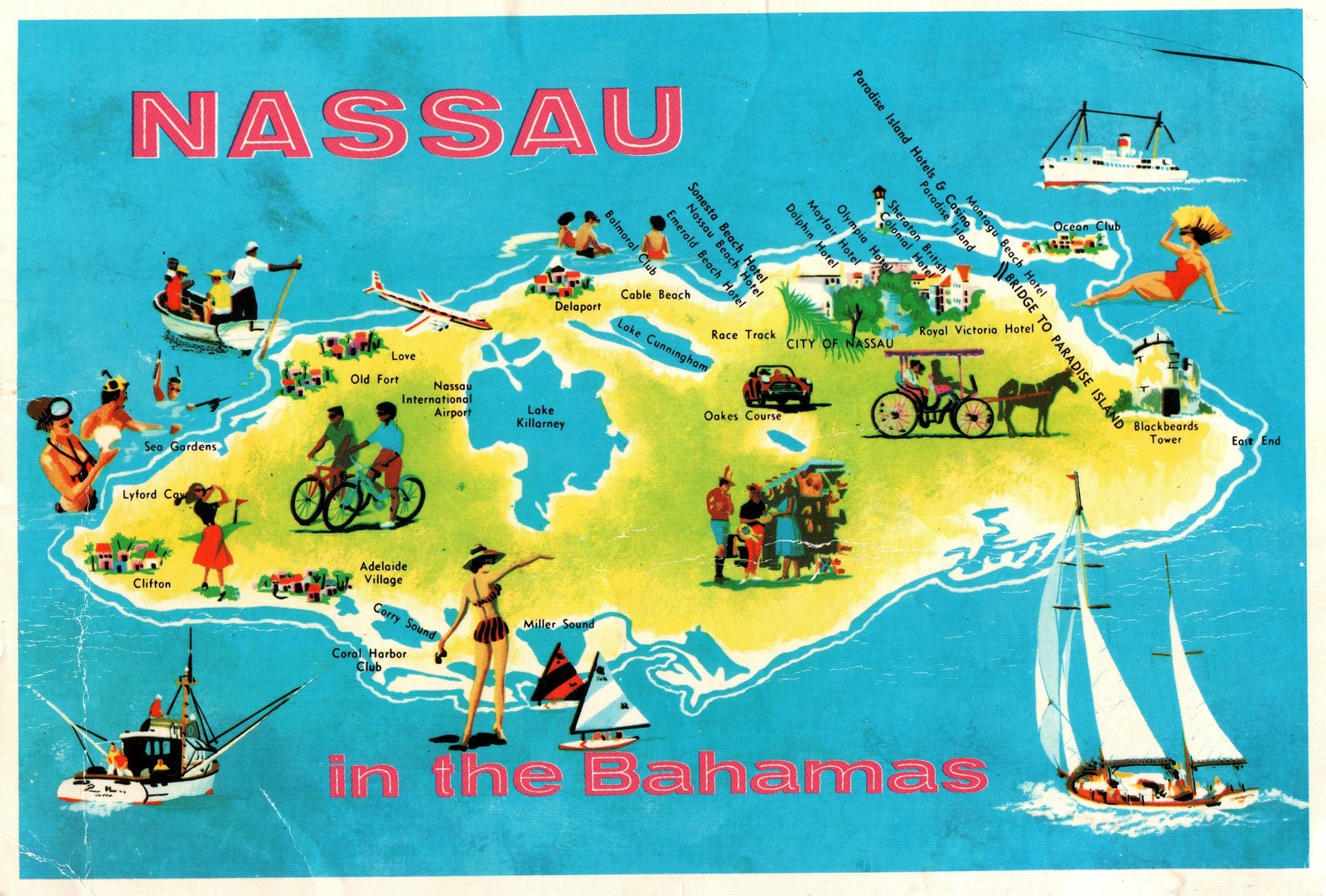 VINTAGE POSTCARD MAP OF NASSAU IN THE BAHAMAS MAILED 1983 SOME