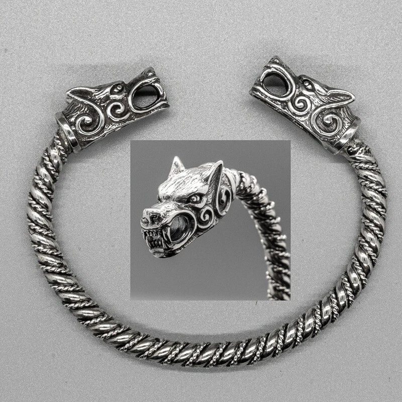 Wolf Head .925 silver torc bangle mjolnir biker viking oath ring arm pagan