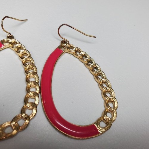 Tear Drop Earrings Pink Enamel Gold Tone Rope Statement Big Hoop Dangle - Picture 5 of 8