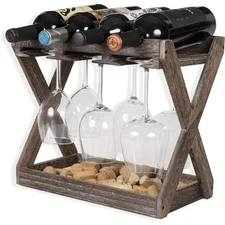 Solid Wood Wine Rack Countertop Holds 4 Bottles Glass Holder Cork Storage Kit...
