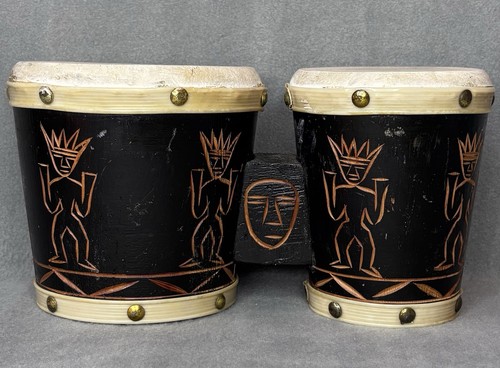 Vintage Tribal Bongo Drum Double Drum Tiki Folk Art Hand Carved Decor