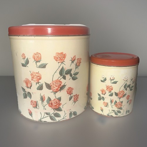 VTG Decoware Tin Canister Set Of Roses Lattice Red Farmhouse Decor Made In USA