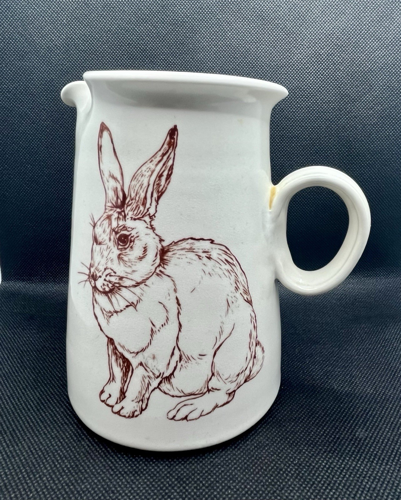 Vintage Brown Bunny Rabbit Toile On White Ceramic Pitcher, vintage pottery