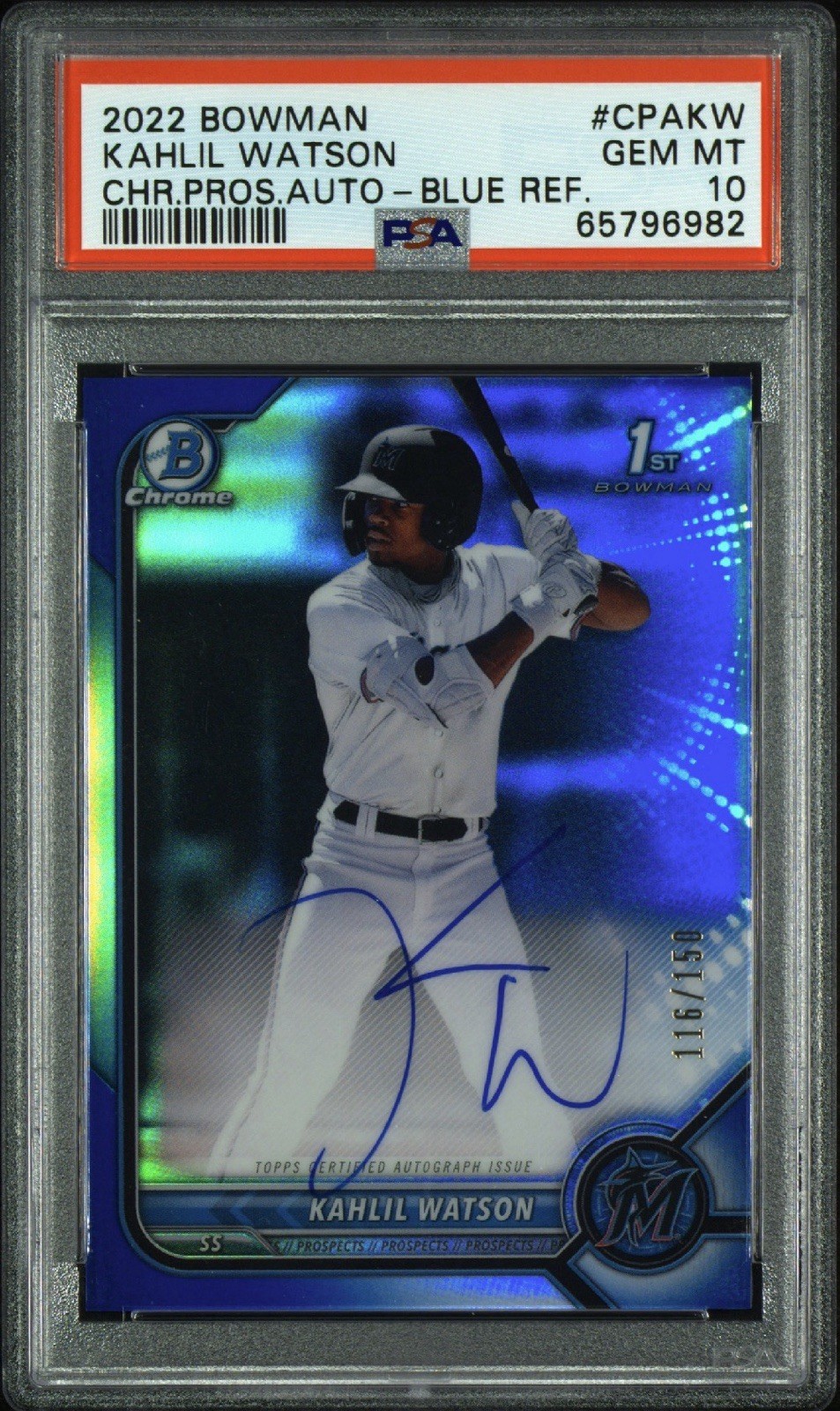 2022 Bowman Chrome Kahlil Watson #CPA-KW Blue Refractor Auto /150 - PSA 10