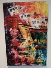 Original painting. Acrylic Mixed Media. Abstract harbour and boats. 60x40cm 