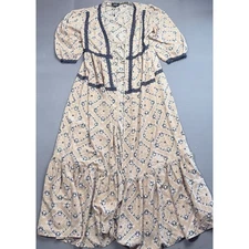 GiGiO Women's Maxi Wrap Dress Small Beige Navy Paisley Print Bohemian Midi