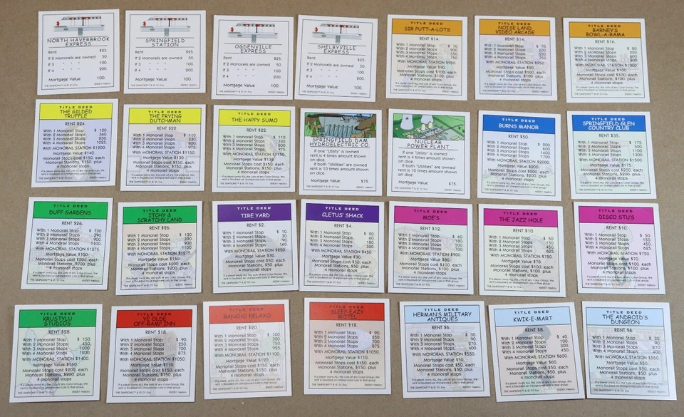 2001 Monopoly Simpsons Replacement Parts 28 Deed Cards Complete Set - Image 2 of 4