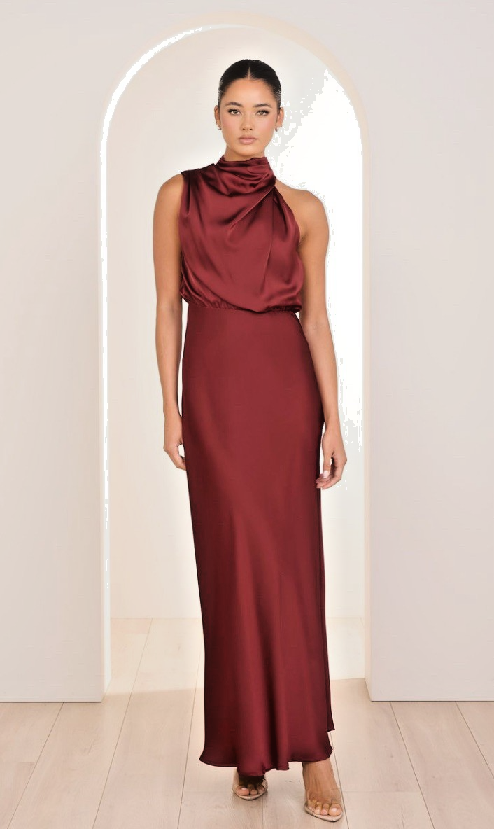 Pretty Garden High Neck Satin Midi Dress Burgundy Formal Event Size S
