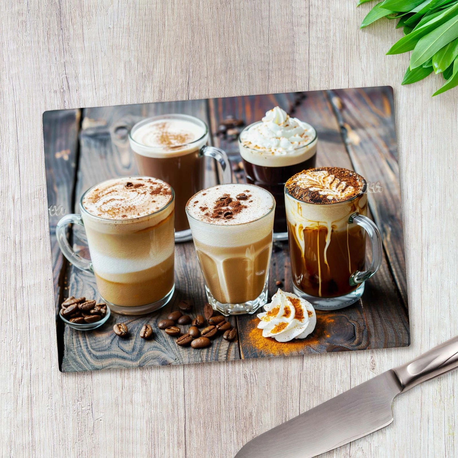 Variety of Hot Beverages Glass Chopping Board Large Kitchen Worktop Saver