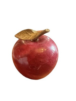 Quarry International Genuine Red Marble Apple Paperweight Brass Stem Leaf MCM