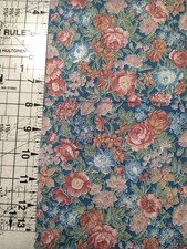 REMNANT Vtg Cotton Quilt Fabric Country Florals Pink Blue Roses 11"x21"