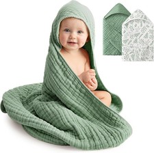 Baby Bath Towels, 100 Muslin Cotton Hooded Baby Towels for Newborn, 2 Pack Baby