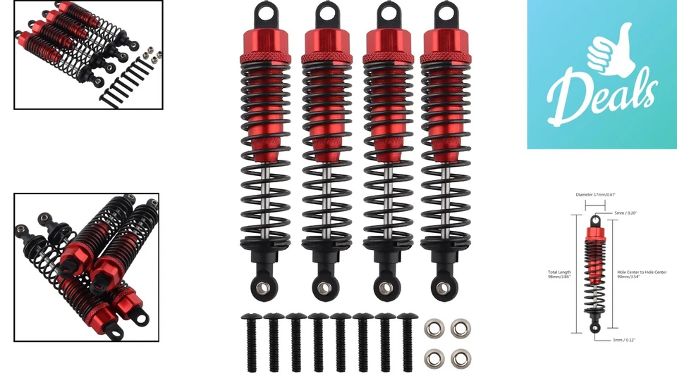 Amortiguadores duraderos 4 piezas 98 mm para autos HSP 1/10 RC - ajustables en rojo Foto 2 de 4