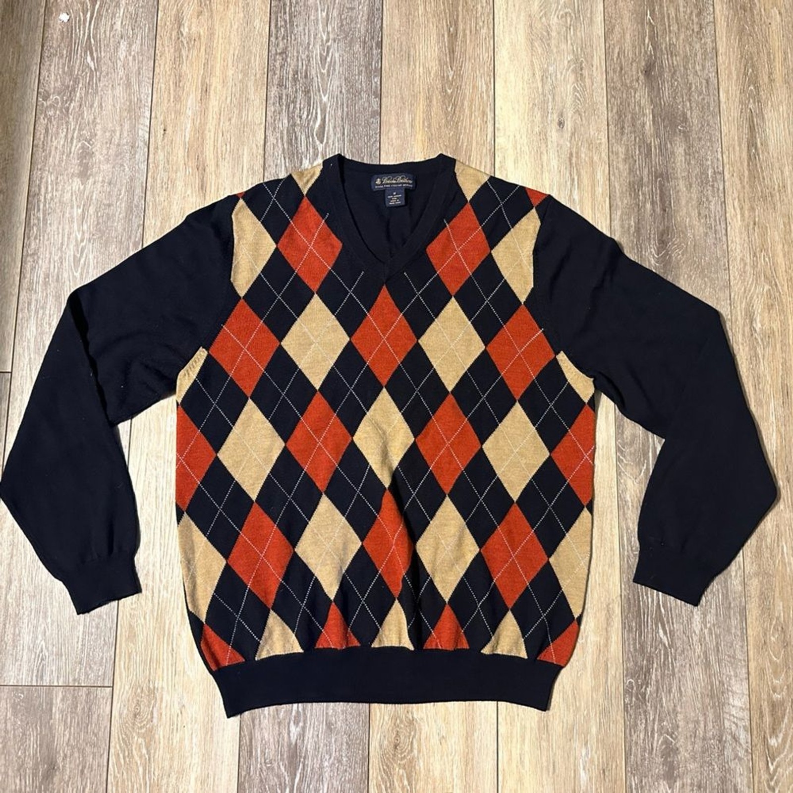 Brooks Brothers Extra Fine Italian Merino Wool V-Neck Argyle Sweater