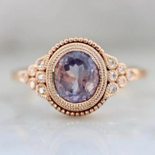 Vintage Art Deco 14K Rose Gold Finish Oval Cut Lavender Milgrain Engagement Ring