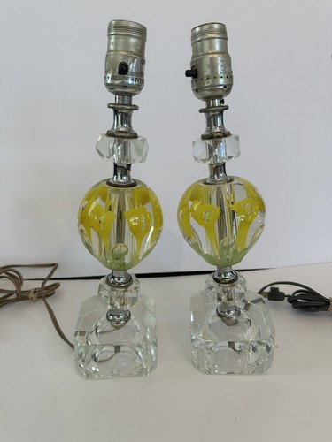 Vintage ST CLAIR Art Glass Yellow Flower Paperweight Lamps 13” MCM