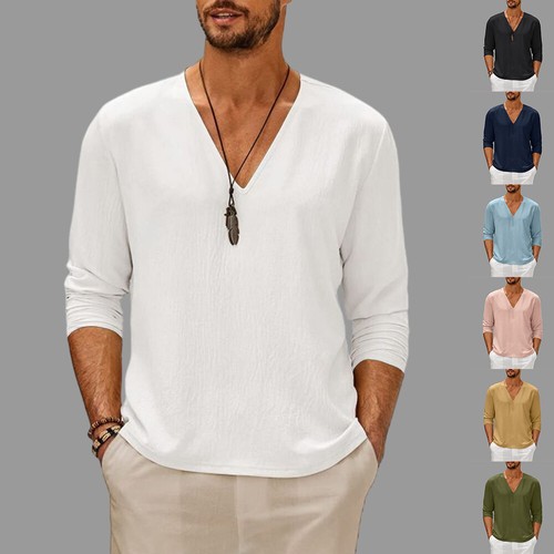 Mens V Neck Solid Pullover Shirts Long Sleeve Loose Casual Tops Blouse Tee Shirt
