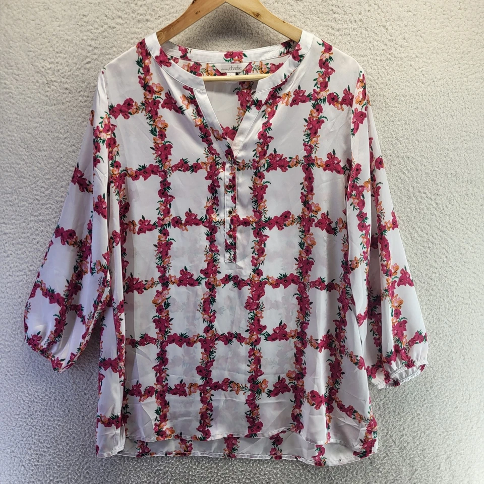 Encantadora Blusa Charlie Henley Mujer Grande Blanca Floral Pullover Boho Cuello en V Foto 2 de 4