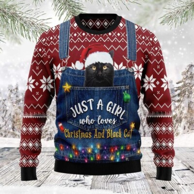Just A Girl Who Loves Christmas Black Cat Ugly Sweater Cat Xmas Sweatshirt