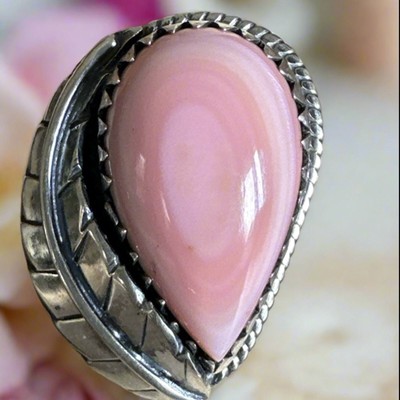 Atemberaubender rosa Muschel Indianer Stil .925 Silber Ring Größe 6,25