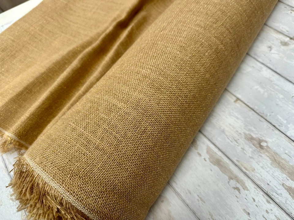 GLITTER HESSIAN JUTE Fabric Sacking Table Gold Lurex Runner Material -160cm wide - Image 2 of 4