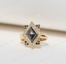 One of a Kind Kite Cut Black Onyx With CZ Diamond Solid Gold Ring For Women