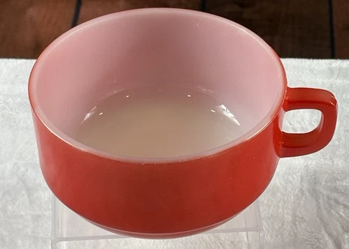 Vintage 70s Anchor Hocking Fire King Red Soup Bowl D-handle Stackable