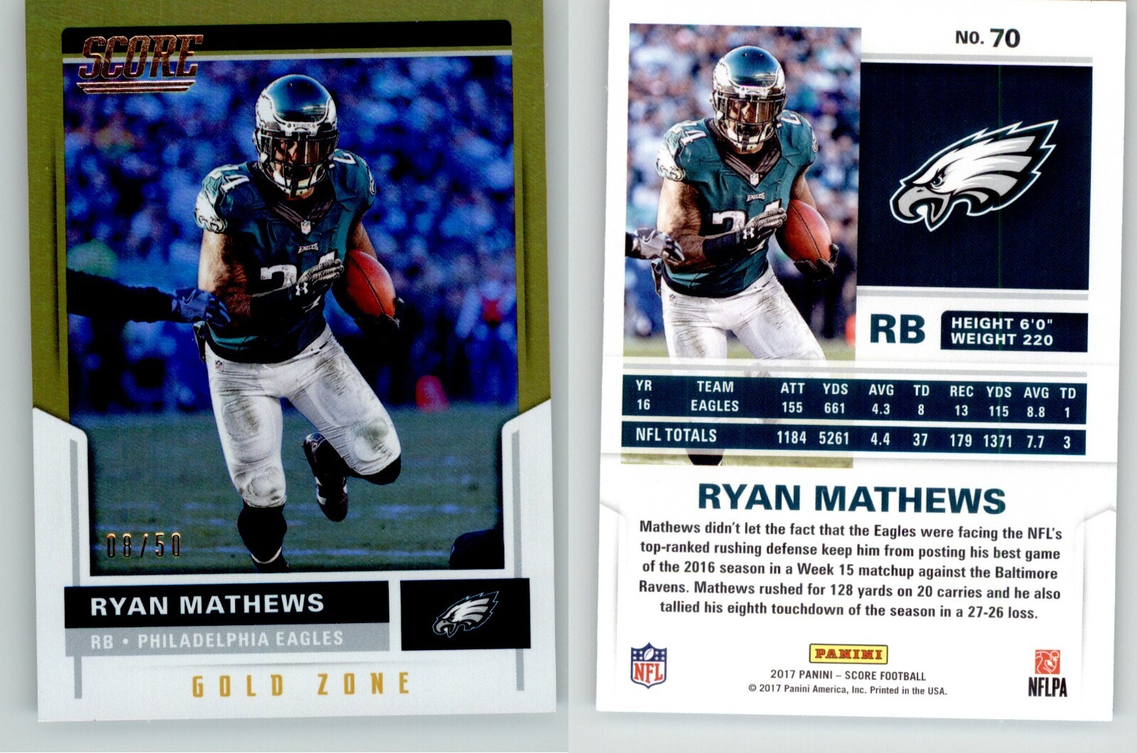 Ryan Mathews 2017 Score Gold Zone #70 /50 Philadelphia Eagles