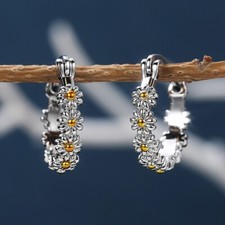 Silver Plated Daisy Flower Exquisite Huggie Hoop Women Christmas Gift Earring's