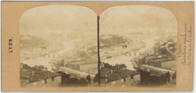 Stereoanlage um 1860. Lyon. Panorama auf den Bahnhof Vaise und die Saône.