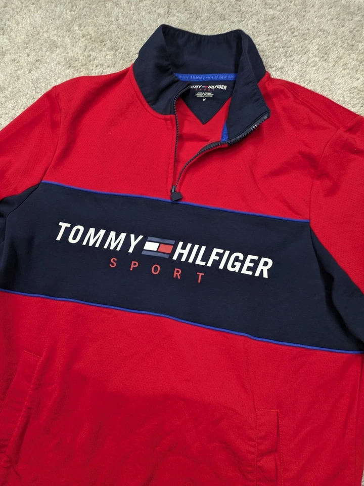 Tommy Hilfiger Pullover Men Medium 1/4 Quarter Zip Red Cotton Blend Jacket Sport - Image 3 of 4