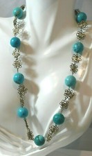Vintage Blue Turquoise 14mm Silver Hand Made Flower Wired Necklace 2c 104