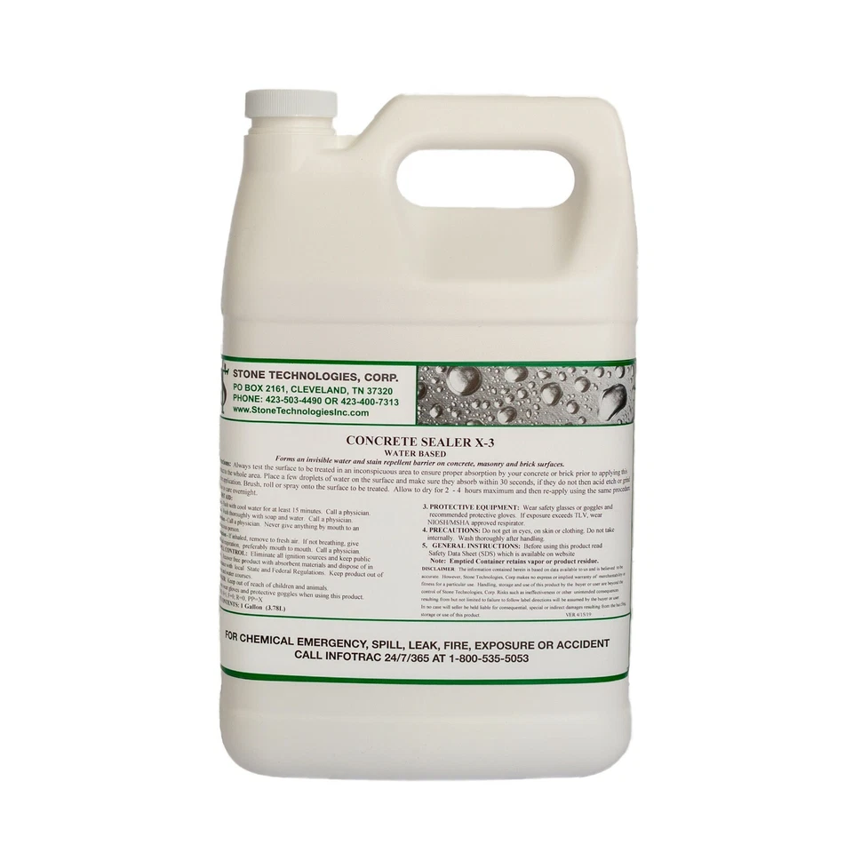 STONE TECHNOLOGIES CORP Concrete Sealer X-3 water and stain repellent. Stops water intrusion 1 gallon
