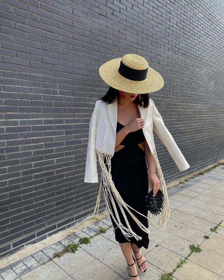 ZARA NUEVO BLAZER MUJER MACRAMÉ RECORTADO CON FLECOS CHAQUETA ARENA TALLA S 7484/031 Foto 2 de 4