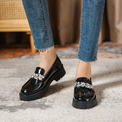 Women's Fashion Diamante Mid Heel Platform Slip On Loafer Casual Shoes  Flats